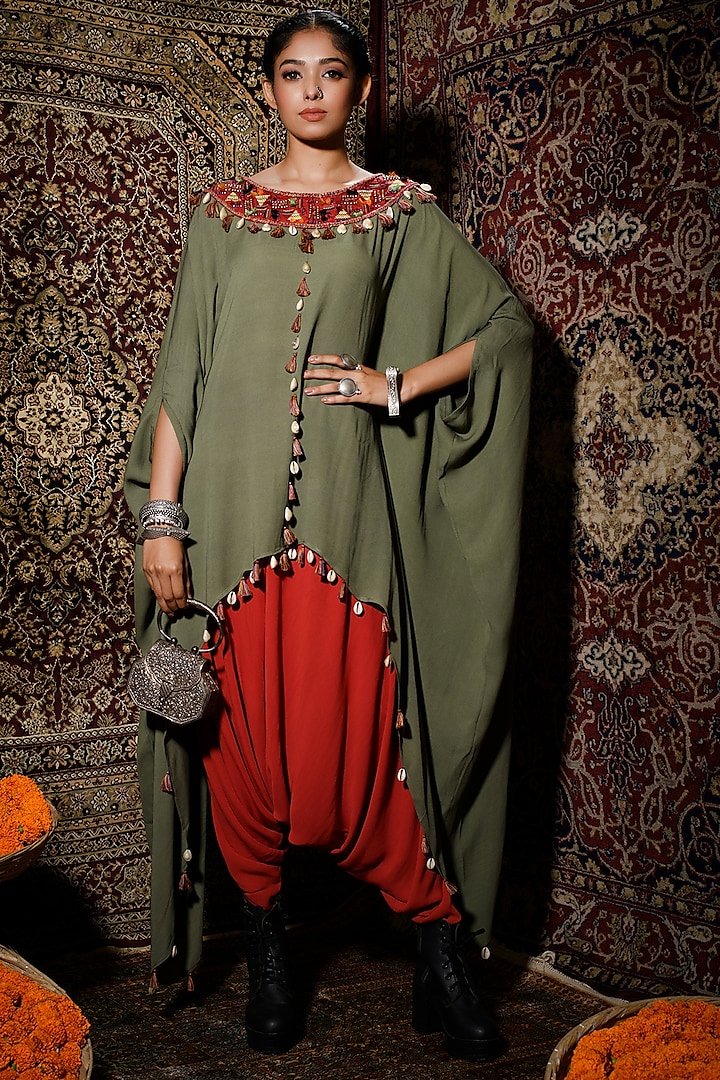 Olive Green Embroidered Cape Set by The Cherry Tree by Charu Saraogi
