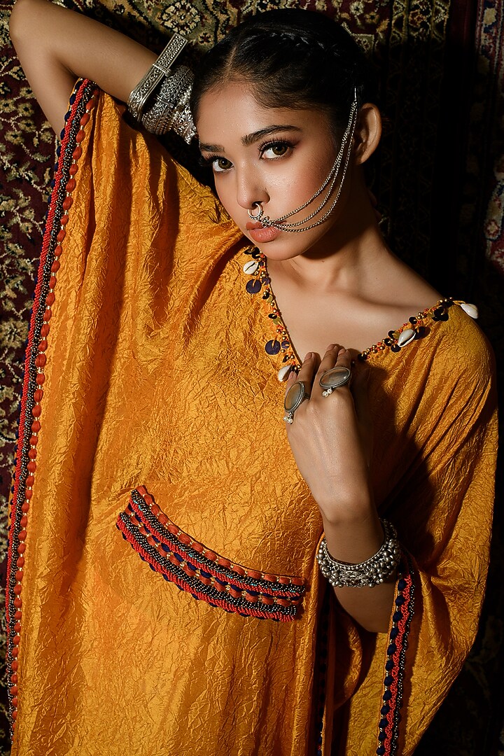 Mustard Embroidered Kaftan by The Cherry Tree by Charu Saraogi at Pernia's Pop Up Shop