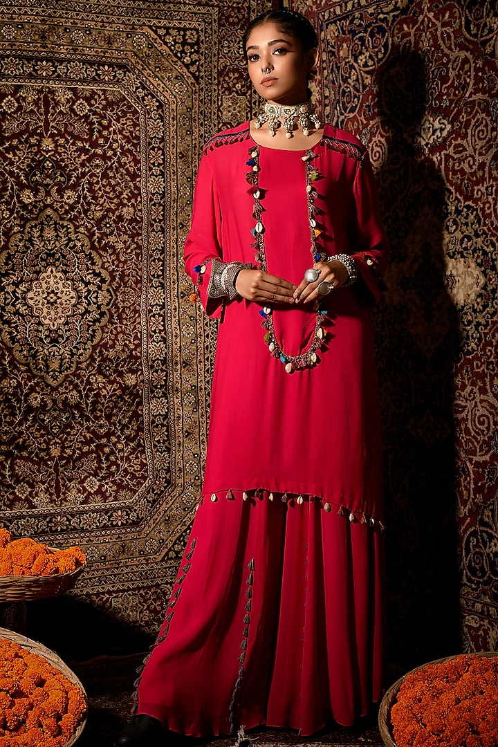 Hot Pink Georgette Sharara Set by The Cherry Tree by Charu Saraogi