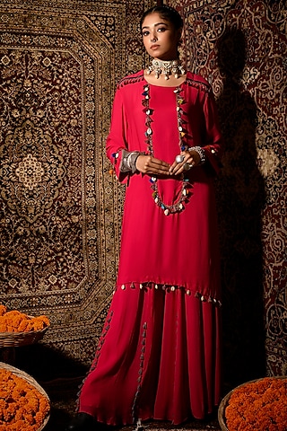 Hot Pink Georgette Sharara Set by The Cherry Tree by Charu Saraogi