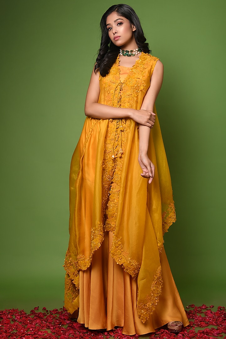 Mustard Embroidered Cape Set by The Cherry Tree by Charu Saraogi