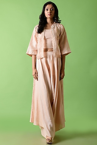 Peach Hand Embroidered Jacket Set by The Cherry Tree by Charu Saraogi