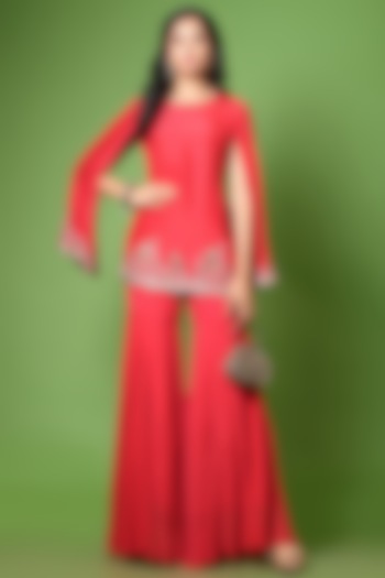 Red Chiffon Gharara Set by The Cherry Tree by Charu Saraogi at Pernia's Pop Up Shop