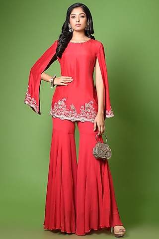 Red Chiffon Gharara Set by The Cherry Tree by Charu Saraogi