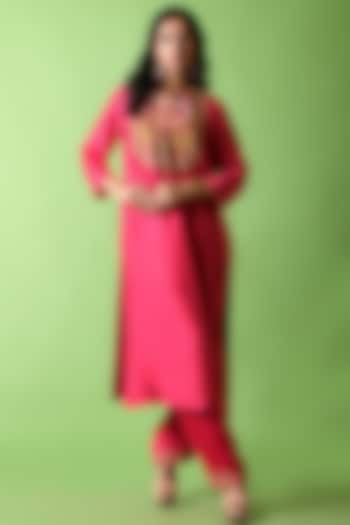 Hot Pink Hand Embroidered Kurta Set by The Cherry Tree by Charu Saraogi