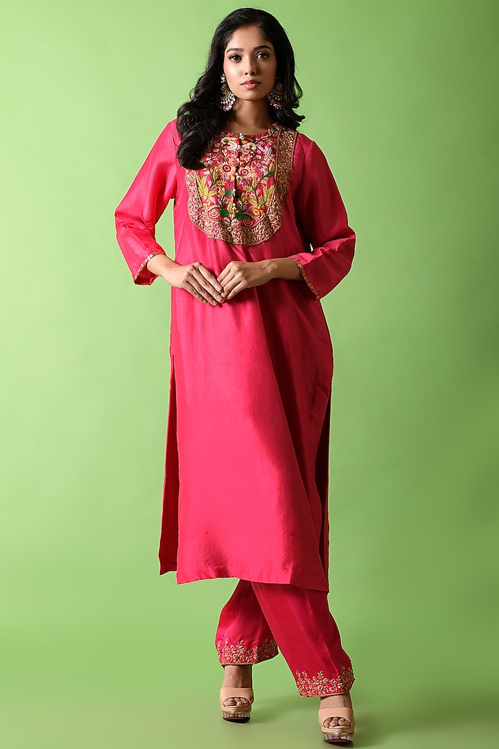 Hot Pink Hand Embroidered Kurta Set by The Cherry Tree by Charu Saraogi at Pernia's Pop Up Shop