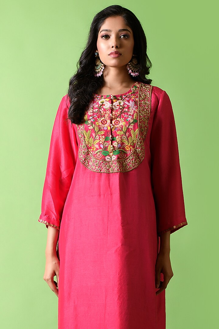 Hot Pink Hand Embroidered Kurta Set by The Cherry Tree by Charu Saraogi at Pernia's Pop Up Shop
