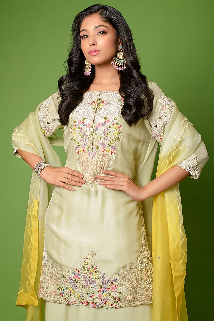 Pistachio Green Chiffon Wedding Sharara Set by The Cherry Tree by Charu Saraogi at Pernia's Pop Up Shop