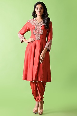 Burnt Orange Hand Embroidered Kurta Set by The Cherry Tree by Charu Saraogi