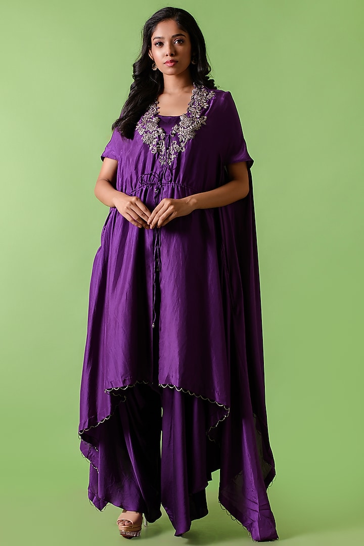 Purple Embroidered Cape Set by The Cherry Tree by Charu Saraogi