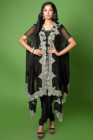 Black Hand Embroidered Cape Set by The Cherry Tree by Charu Saraogi