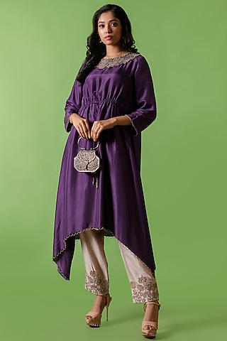 Purple Hand Embroidered Kurta Set by The Cherry Tree by Charu Saraogi