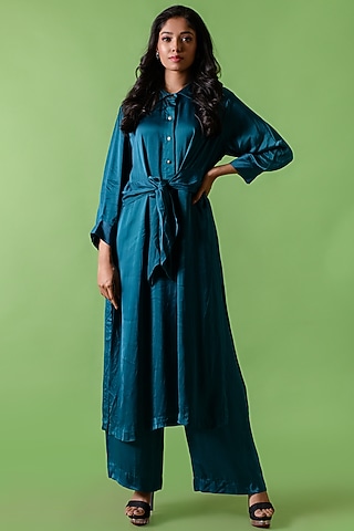 Peacock Blue Satin Co-Ord Set by The Cherry Tree by Charu Saraogi
