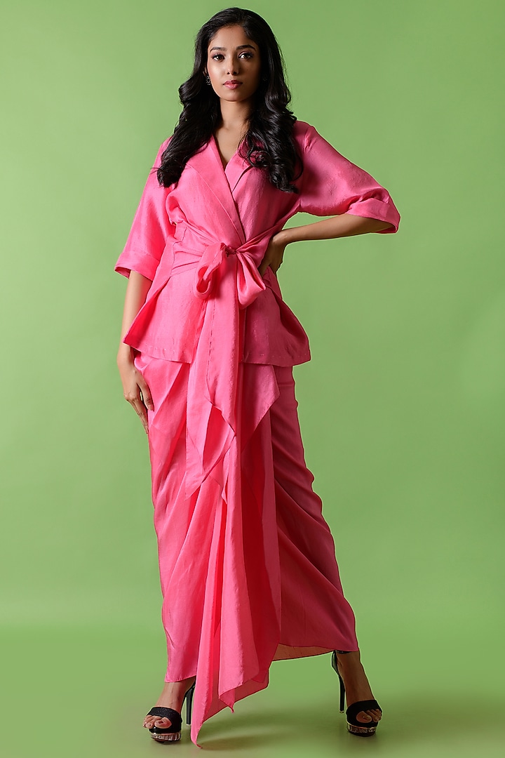 Pink Pure Silk Draped Skirt Set by The Cherry Tree by Charu Saraogi