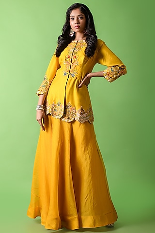 Mustard Organza Skirt Set by The Cherry Tree by Charu Saraogi