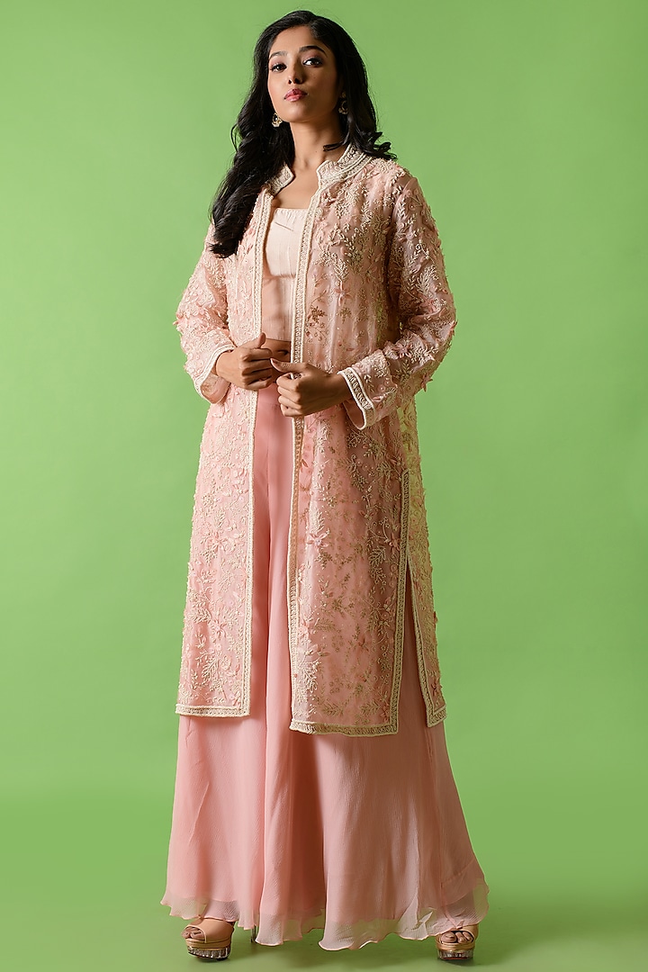 Pink Chiffon Sharara Set by The Cherry Tree by Charu Saraogi