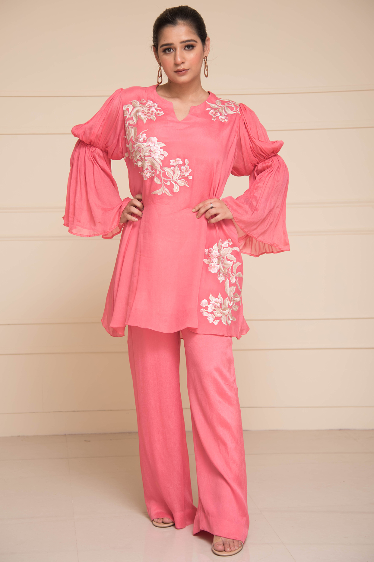 Peach Chinon Chiffon Parsi Gara Embroidered Co-Ord Set by Cheena Singh at Pernia's Pop Up Shop