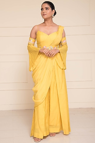 Yellow Chanderi Jumpsuit With Viscose Organza Drape by Cheena Singh