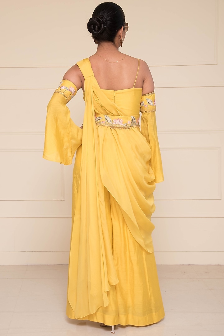 Yellow Chanderi Jumpsuit With Viscose Organza Drape by Cheena Singh at Pernia's Pop Up Shop