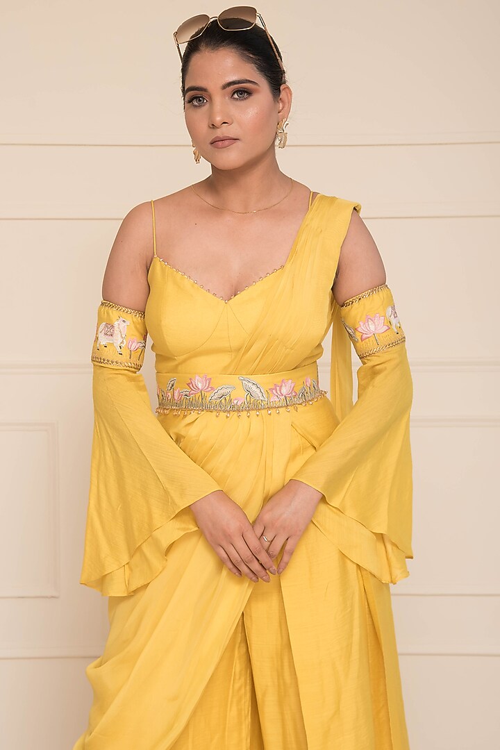 Yellow Chanderi Jumpsuit With Viscose Organza Drape by Cheena Singh at Pernia's Pop Up Shop