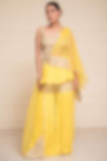 Yellow Chinon Chiffon Resham & Pearl Embroidered Gharara Set by Cheena Singh