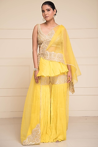 Yellow Chinon Chiffon Resham & Pearl Embroidered Gharara Set by Cheena Singh