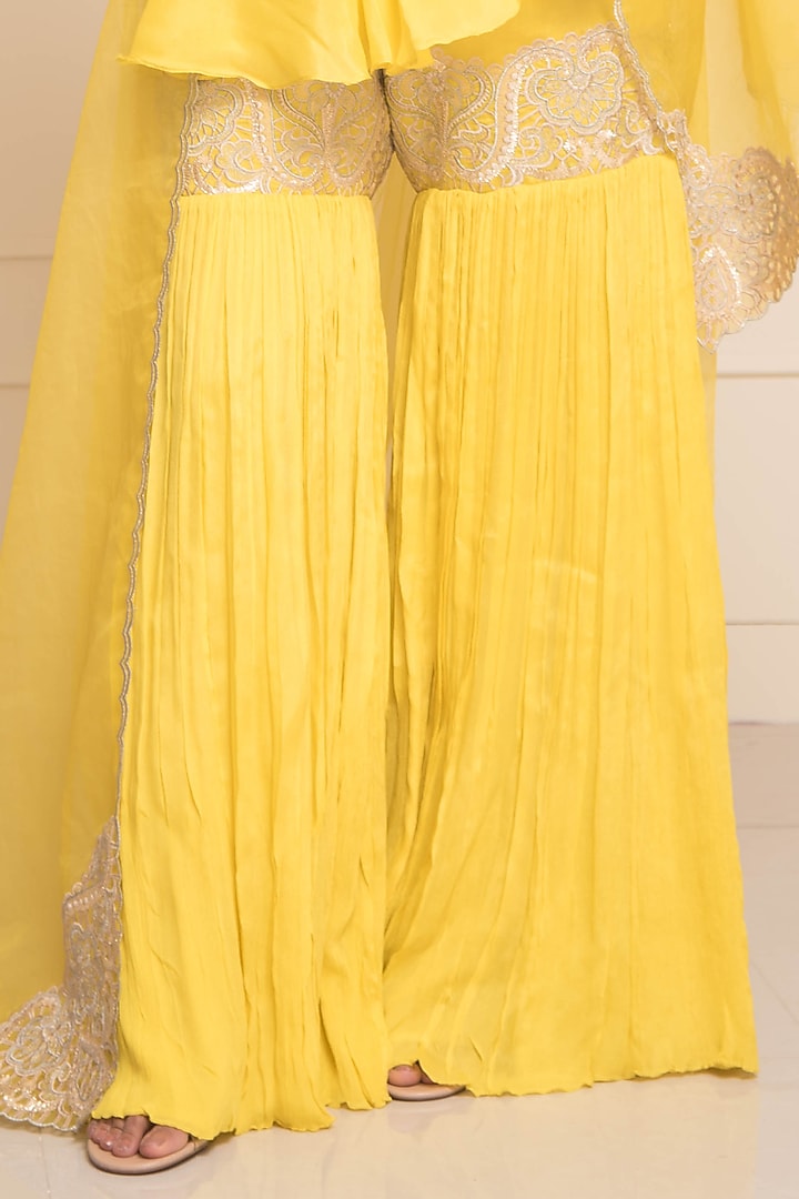 Yellow Chinon Chiffon Resham & Pearl Embroidered Gharara Set by Cheena Singh at Pernia's Pop Up Shop