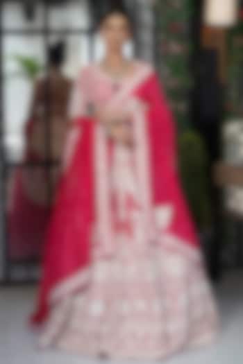 Hot Pink Viscose Organza Dori & Sequins Embroidered Lehenga Set by Cheena Singh