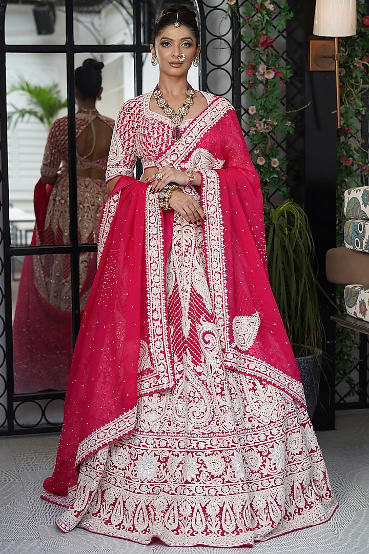Hot Pink Viscose Organza Dori & Sequins Embroidered Lehenga Set by Cheena Singh
