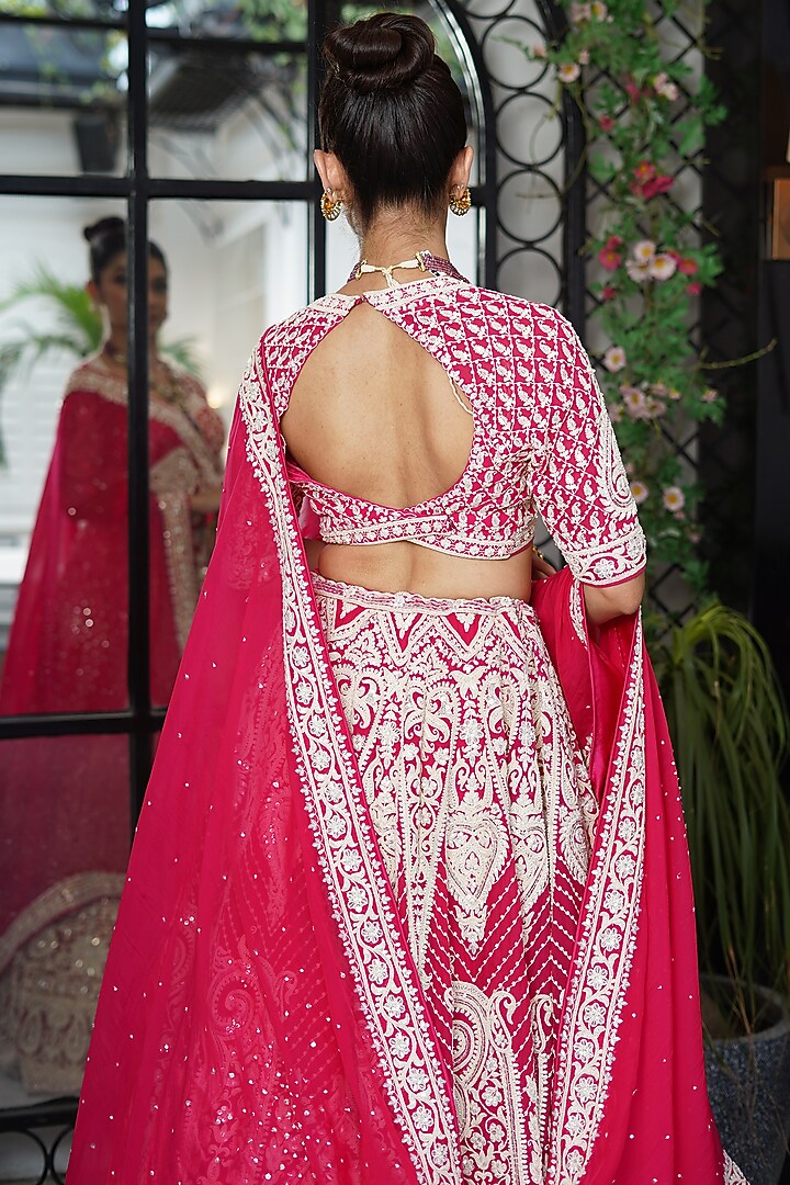 Hot Pink Viscose Organza Dori & Sequins Embroidered Bridal Lehenga Set by Cheena Singh at Pernia's Pop Up Shop