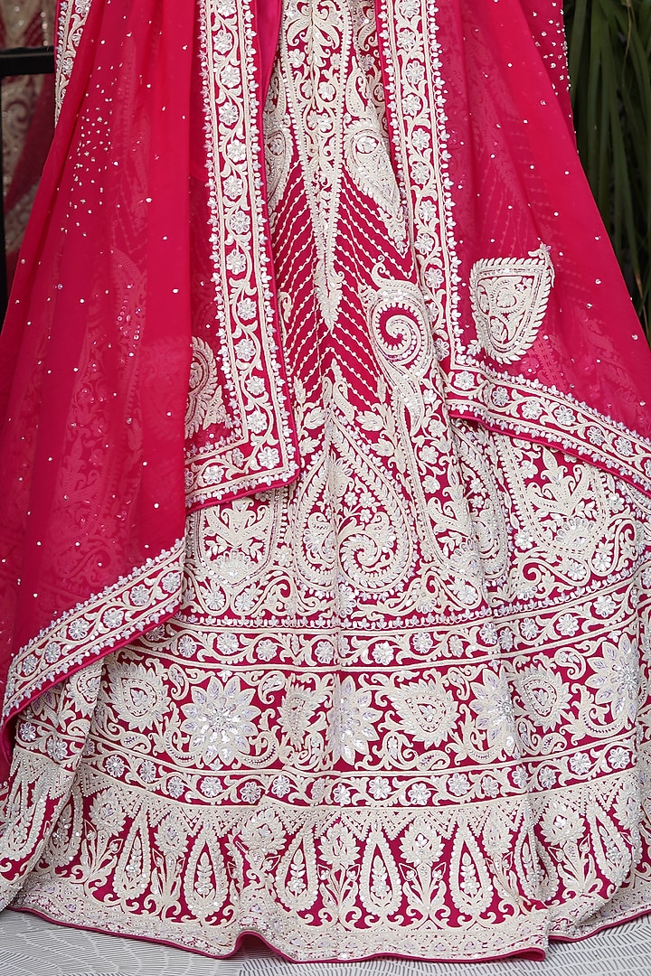 Hot Pink Viscose Organza Dori & Sequins Embroidered Bridal Lehenga Set by Cheena Singh at Pernia's Pop Up Shop