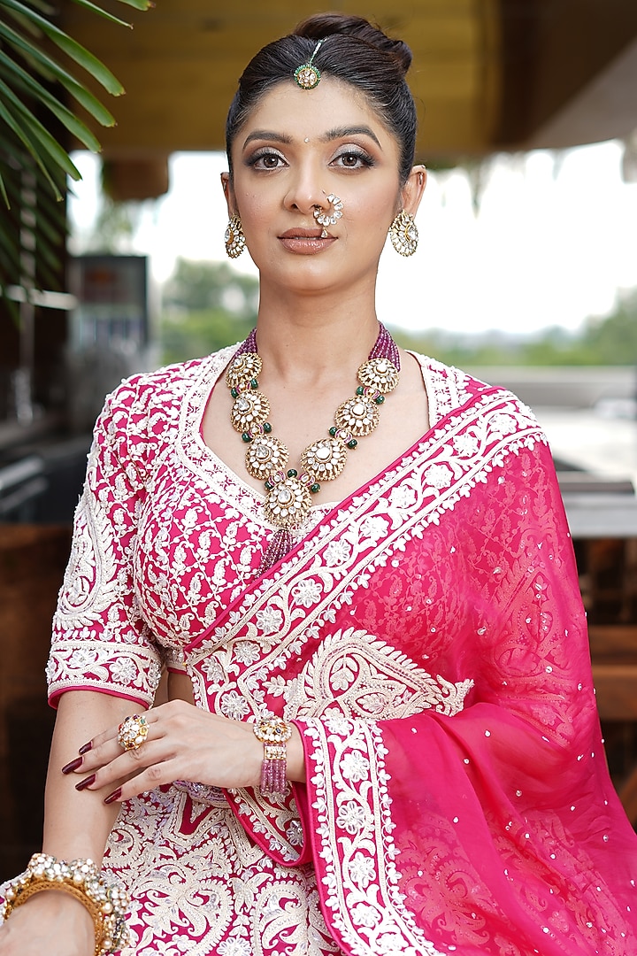 Hot Pink Viscose Organza Dori & Sequins Embroidered Bridal Lehenga Set by Cheena Singh at Pernia's Pop Up Shop