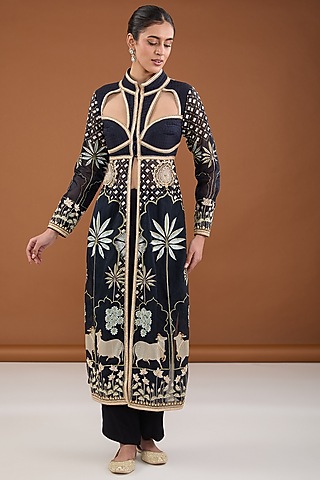 Blue Organza Zari & Resham Embellished Cape Style Kurta Set by Cheena Singh
