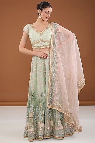 Green Organza Zari & Sequins Embellished Lehenga Set by Cheena Singh