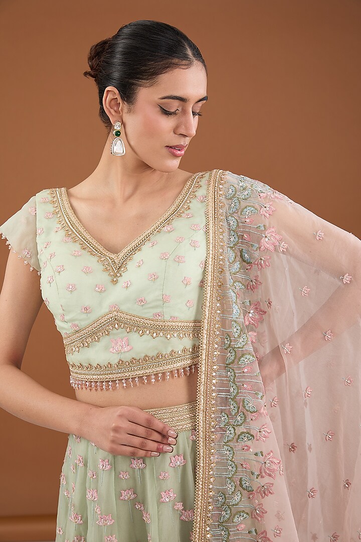 Green Organza Zari & Sequins Embellished Bridal Lehenga Set by Cheena Singh at Pernia's Pop Up Shop