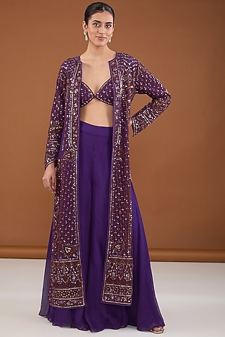 Purple Satin Organza Dori & Crystal Embroidered Cape Set by Cheena Singh