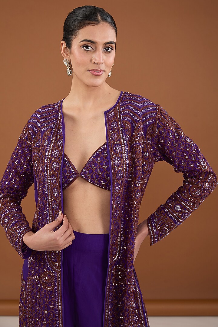 Purple Satin Organza Dori & Crystal Embroidered Cape Set by Cheena Singh at Pernia's Pop Up Shop
