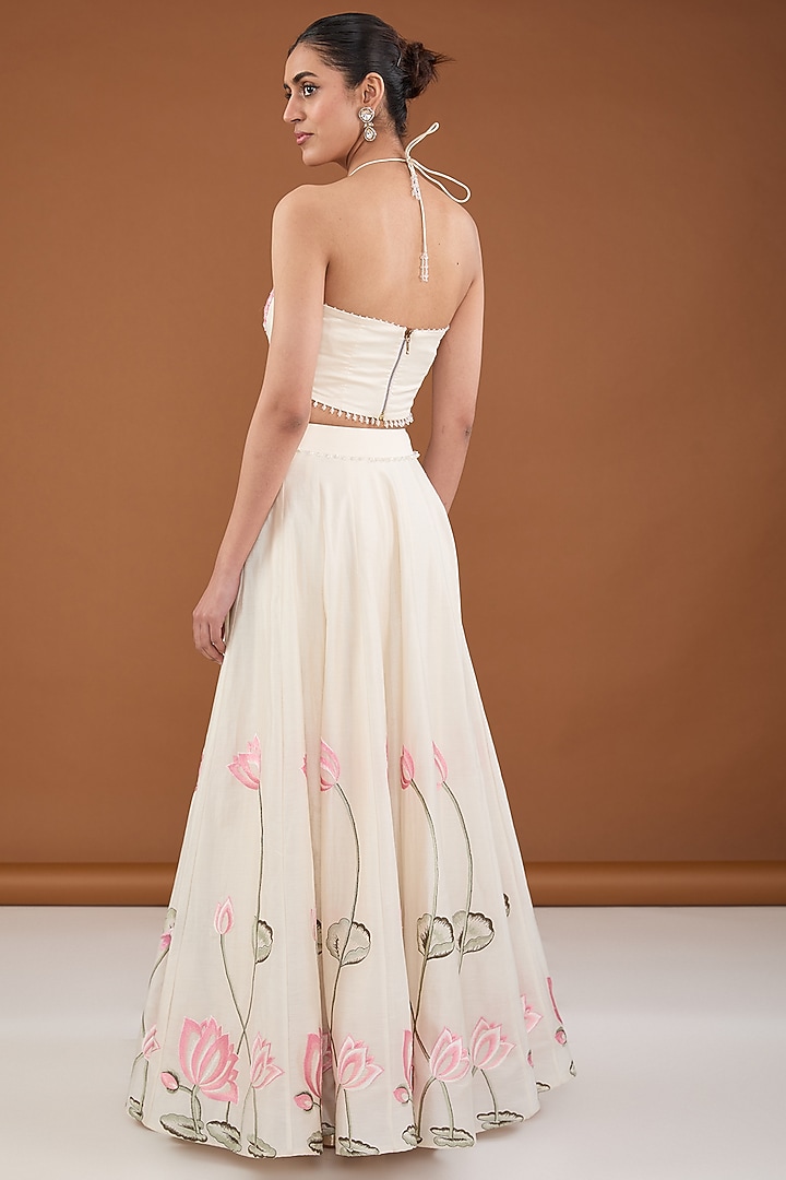 White Chanderi Silk Applique Embroidered Wedding Lehenga Set by Cheena Singh at Pernia's Pop Up Shop