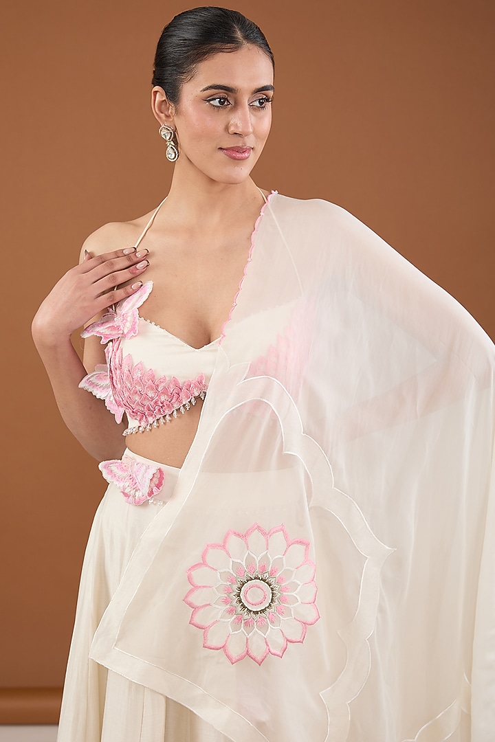 White Chanderi Silk Applique Embroidered Wedding Lehenga Set by Cheena Singh at Pernia's Pop Up Shop