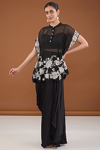 Black Viscose Organza Resham Embroidered Co-Ord Set by Cheena Singh