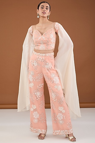 Peach Viscose Organza Applique & Pearl Embroidered Palazzo Pant Set by Cheena Singh