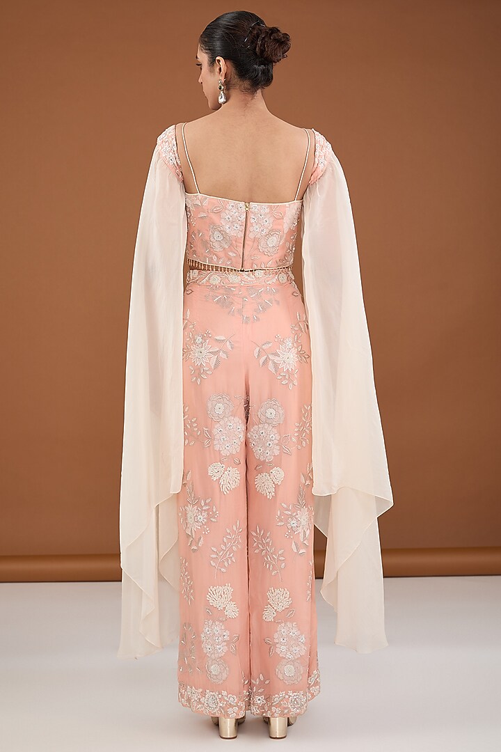Peach Viscose Organza Applique & Pearl Embroidered Palazzo Pant Set by Cheena Singh at Pernia's Pop Up Shop