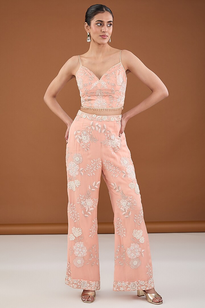 Peach Viscose Organza Applique & Pearl Embroidered Palazzo Pant Set by Cheena Singh at Pernia's Pop Up Shop