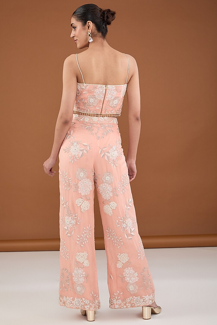 Peach Viscose Organza Applique & Pearl Embroidered Palazzo Pant Set by Cheena Singh at Pernia's Pop Up Shop