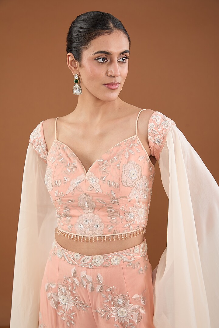 Peach Viscose Organza Applique & Pearl Embroidered Palazzo Pant Set by Cheena Singh at Pernia's Pop Up Shop