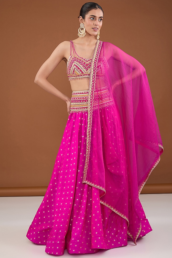 Pink Banarasi Brocade Zari & Resham Embroidered Lehenga Set by Cheena Singh