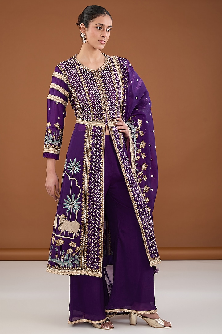 Purple Viscose Organza Zari & Resham Embroidered Front-Open Kurta Set by Cheena Singh