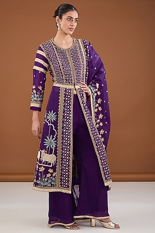 Purple Viscose Organza Zari & Resham Embroidered Front-Open Kurta Set by Cheena Singh