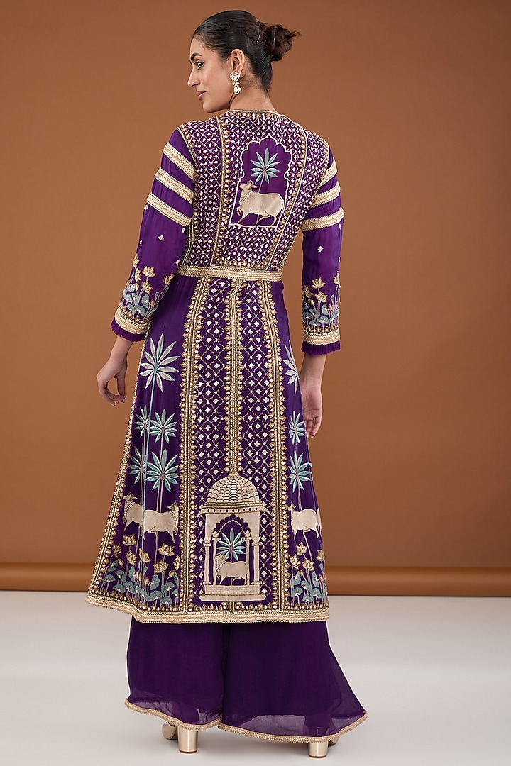 Purple Viscose Organza Zari & Resham Embroidered Front-Open Kurta Set by Cheena Singh at Pernia's Pop Up Shop