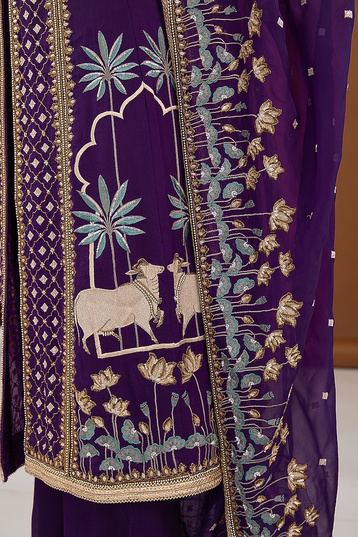 Purple Viscose Organza Zari & Resham Embroidered Front-Open Kurta Set by Cheena Singh at Pernia's Pop Up Shop